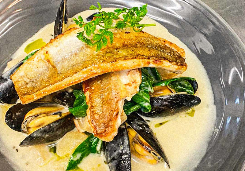 Recipe: Gurnard fillet with mussels, celeriac & apples, Kicking Goat cider, spinach & chive oil